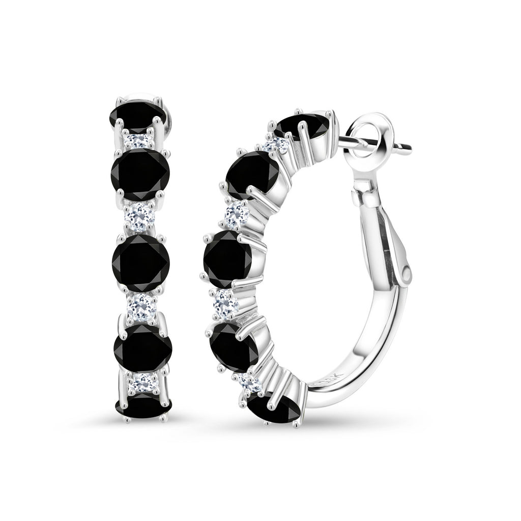 Gem Stone King Alternating Hoop Earrings for Women | 925 Sterling Silver | Gemstone Birthstone and White Topaz  | Round 4MM and 1.9MM Stones | 1 Inch Diameter Hoops | Fine Jewelry for Her Mom Wife Women