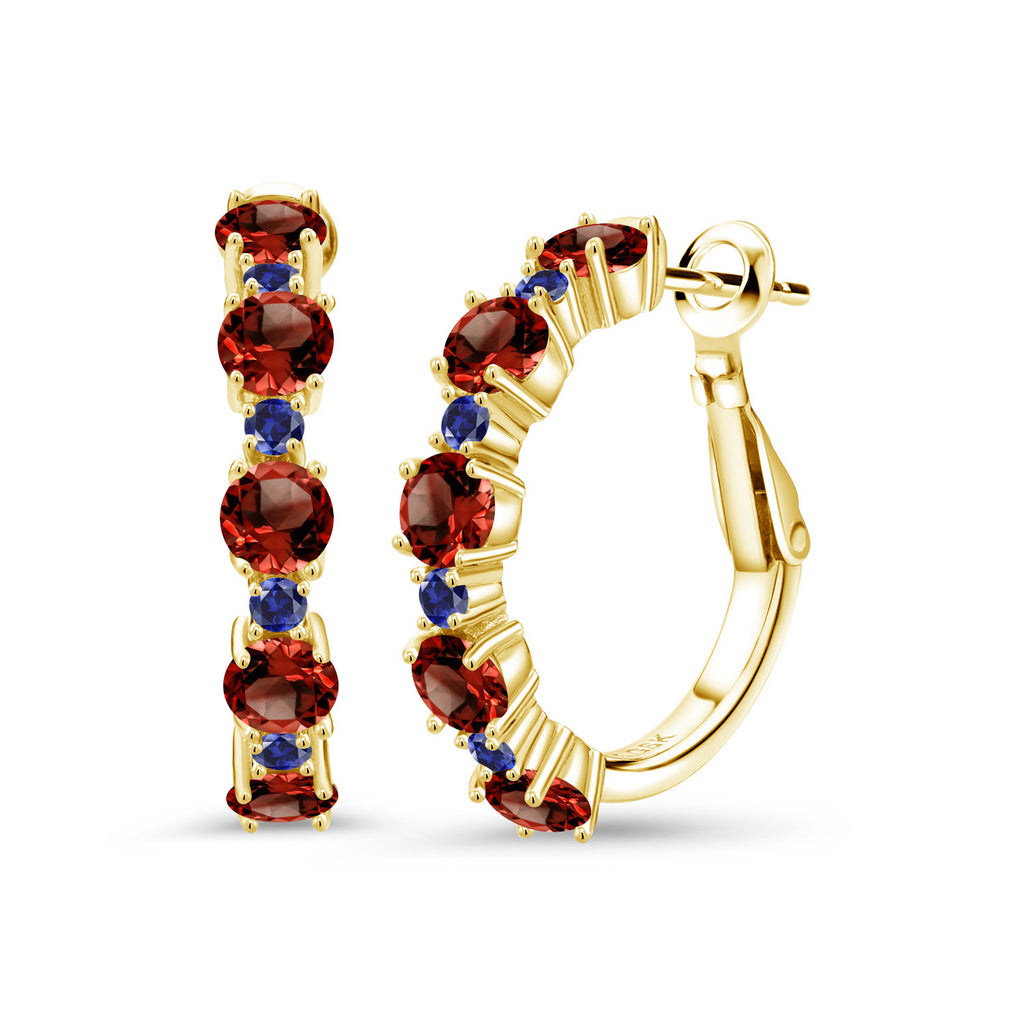 Gem Stone King 18K Yellow Gold Plated Silver Gemstone Birthstone and Blue Created Sapphire Hoop Earrings for Women | Round Cut 4MM and 1.9MM | 1 Inch Diameter Hoops | Fine Jewelry for Her Mom Wife Women