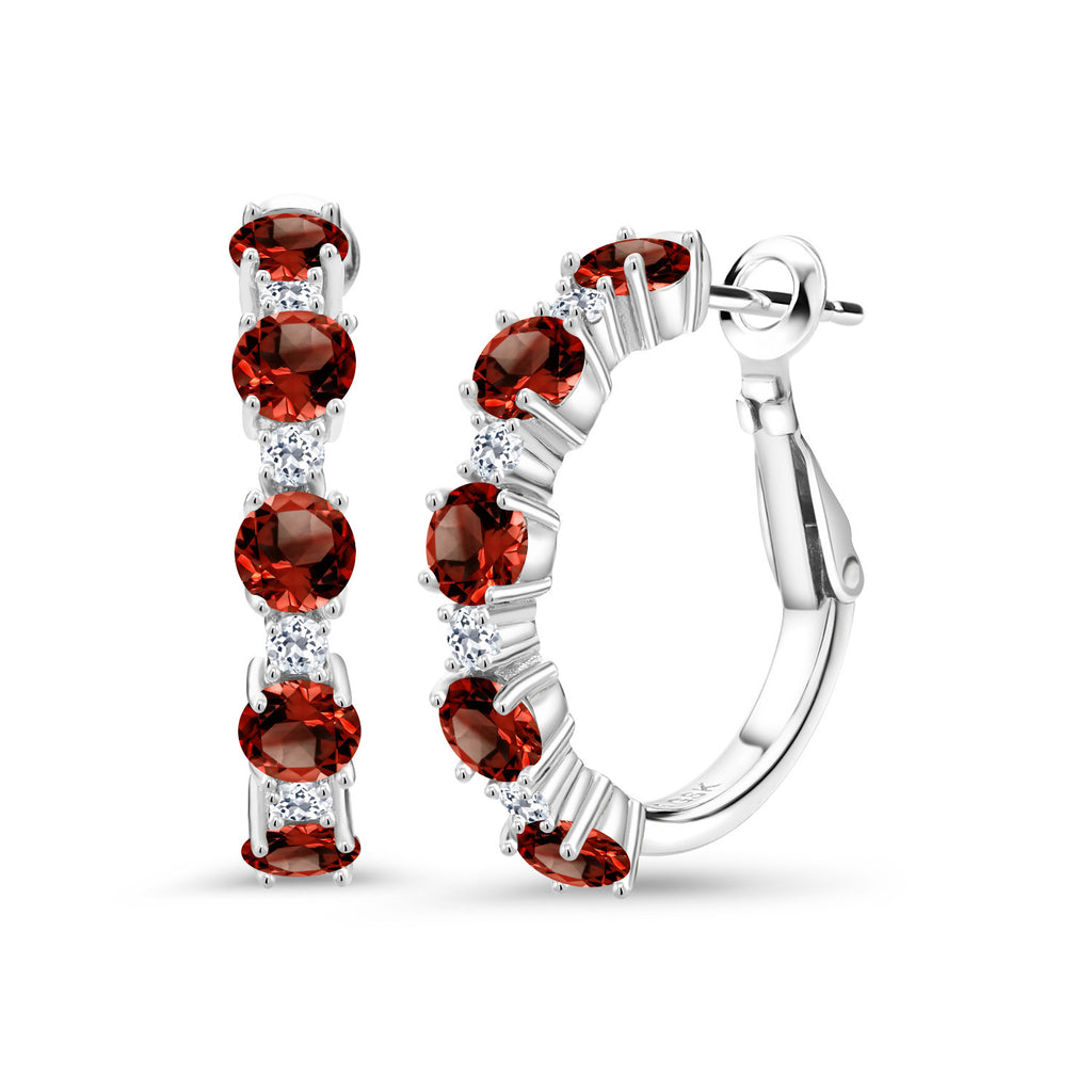 Gem Stone King Alternating Hoop Earrings for Women | 925 Sterling Silver | Gemstone Birthstone and White Topaz  | Round 4MM and 1.9MM Stones | 1 Inch Diameter Hoops | Fine Jewelry for Her Mom Wife Women