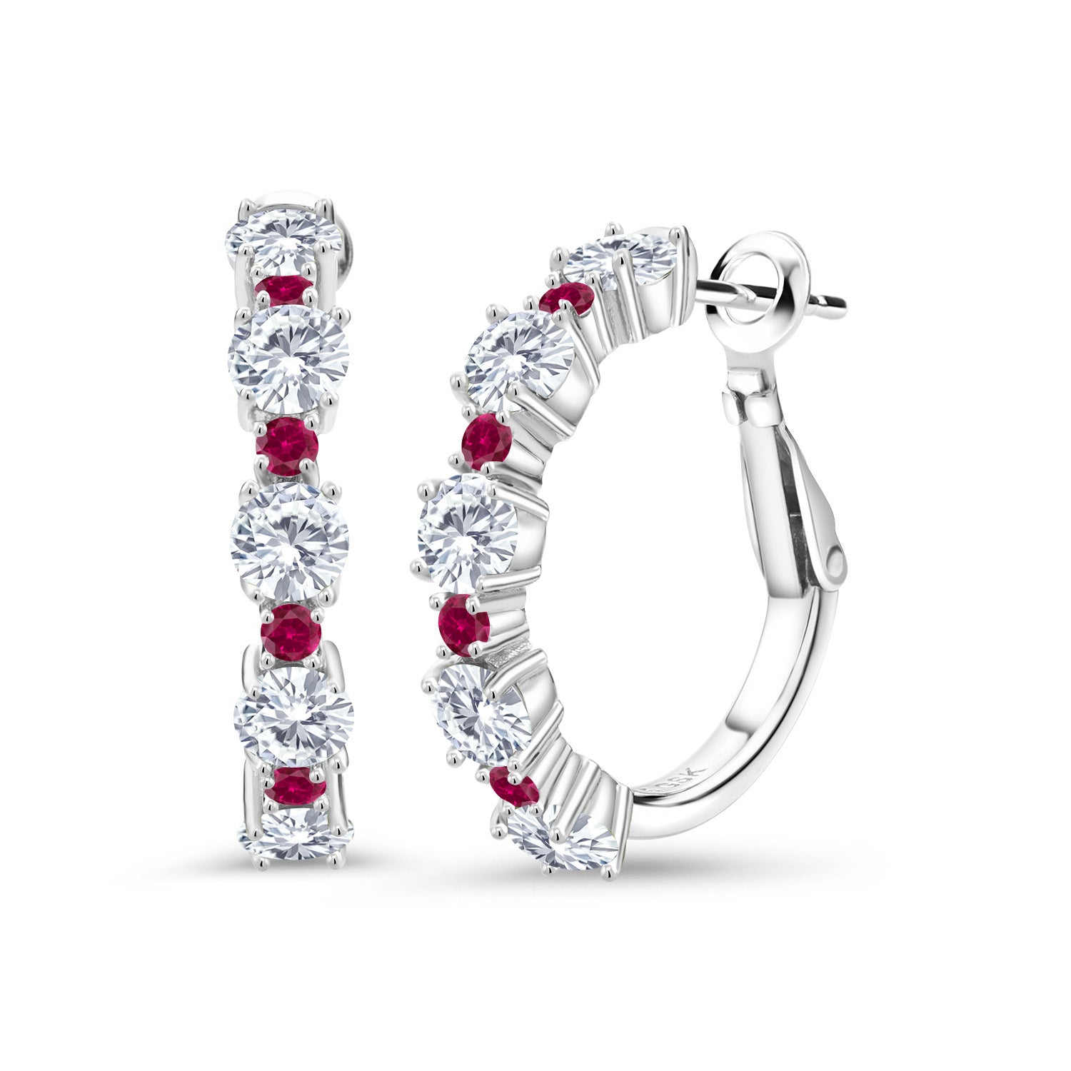 925 Sterling Silver Gemstone Birthstone and Created Ruby Hoop Earrings for Women | Round Cut 4MM and 1.9MM Stones | 1 Inch Diameter Hoops | Fine Jewelry for Her Mom Wife Women