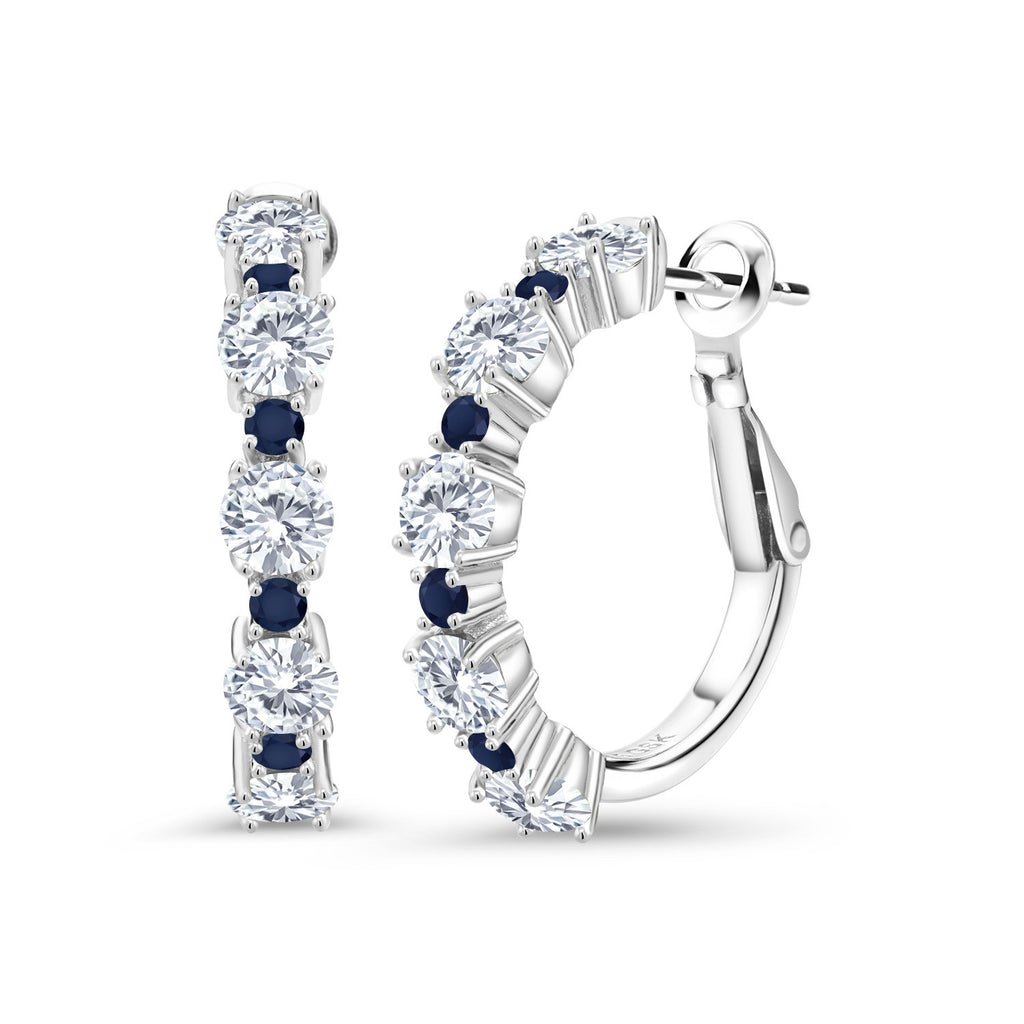 Gem Stone King 2-4 Cttw Gemstone Birthstone and Blue Sapphire Hoop Earrings for Women | 925 Sterling Silver | Round 4MM and 1.9MM | 1 Inch Diameter Hoops | Fine Jewelry for Her Mom Wife Women