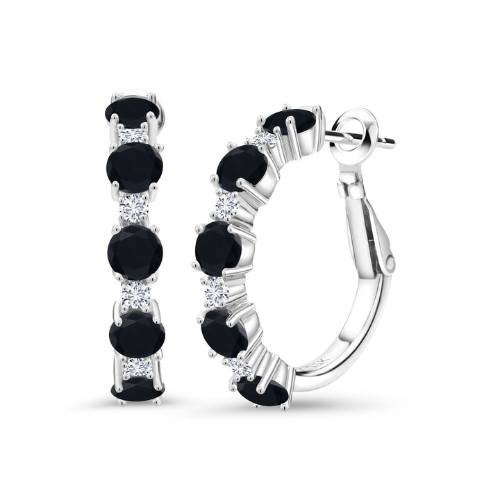 925 Sterling Silver Black Onyx and White Moissanite Hoop Earrings For Women (2.50 Cttw, Round 4MM and 1.9MM, 1 Inch Diameter)