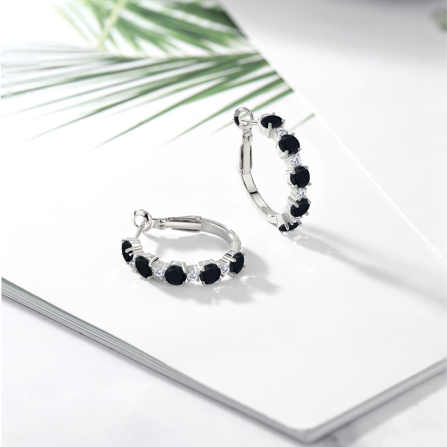 925 Sterling Silver Black Onyx and White Moissanite Hoop Earrings For Women (2.50 Cttw, Round 4MM and 1.9MM, 1 Inch Diameter)