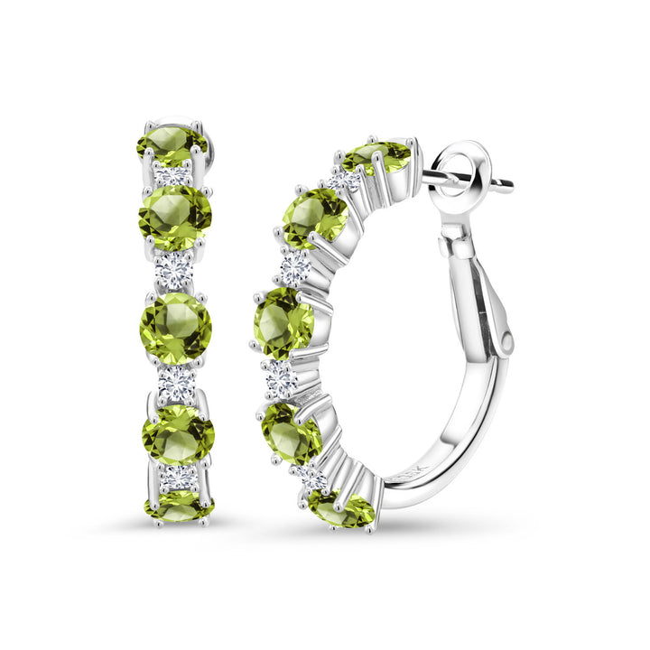 925 Sterling Silver Green Peridot and White Lab Grown Diamond Hoop Earrings For Women (3.30 Cttw, Round 4MM and 1.9MM, Gemstone Birthstone 1 Inch Diameter)