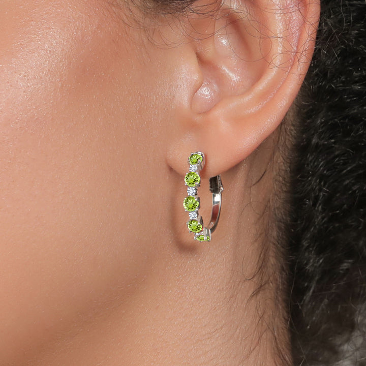 925 Sterling Silver Green Peridot and White Lab Grown Diamond Hoop Earrings For Women (3.30 Cttw, Round 4MM and 1.9MM, Gemstone Birthstone 1 Inch Diameter)