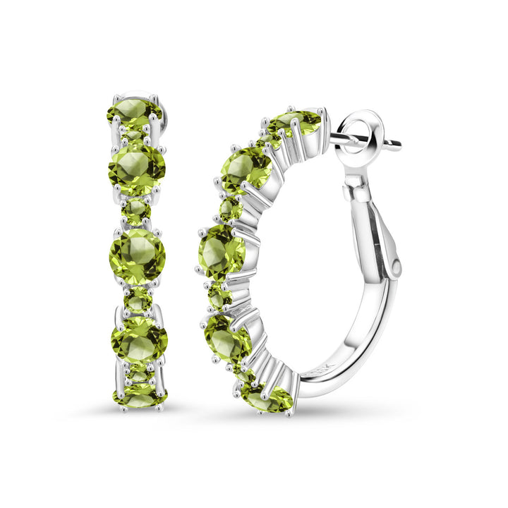 925 Sterling Silver Green Peridot Hoop Earrings For Women (3.40 Cttw, Round 4MM and 1.9MM, Gemstone Birthstone 1 Inch Diameter)