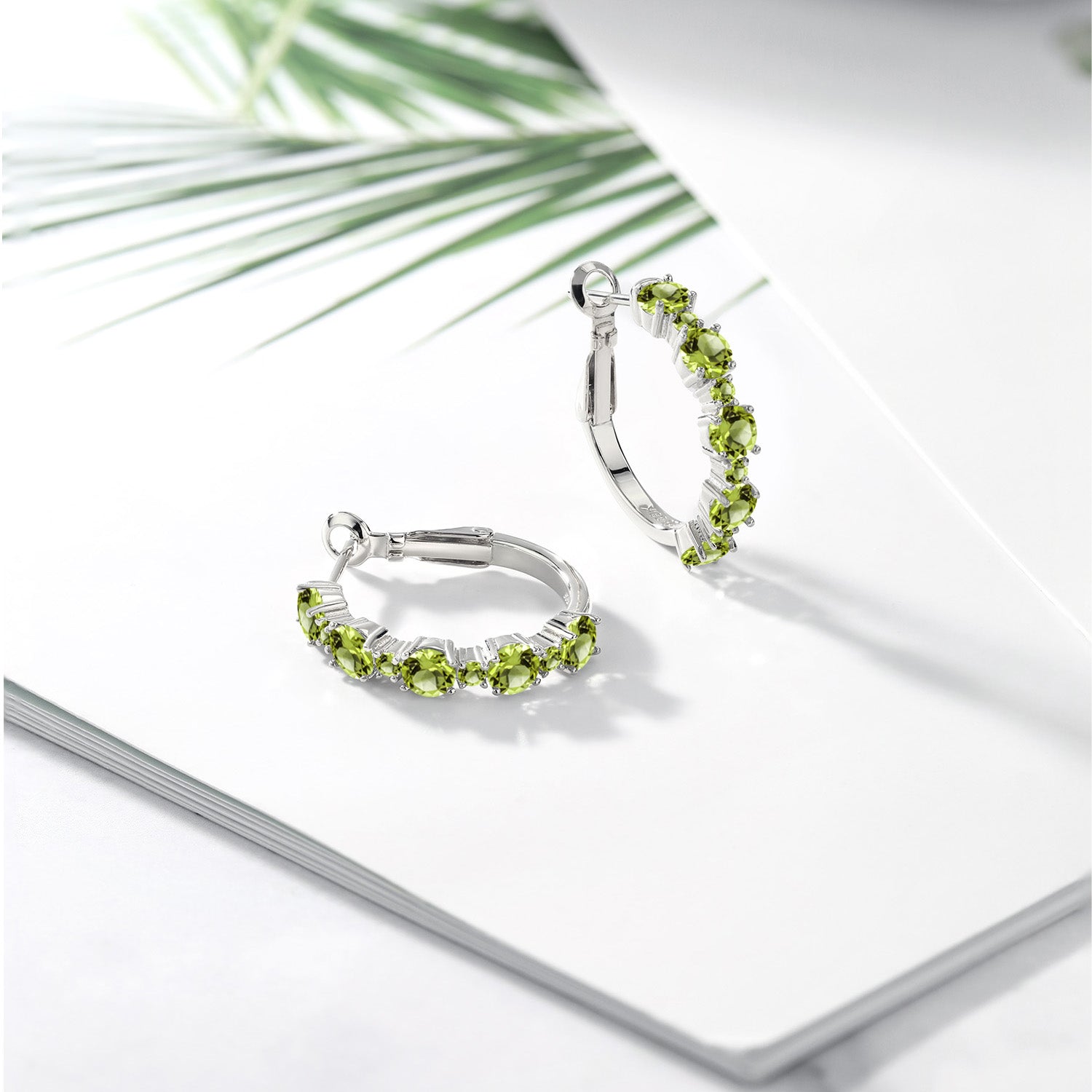 925 Sterling Silver Green Peridot Hoop Earrings For Women (3.40 Cttw, Round 4MM and 1.9MM, Gemstone Birthstone 1 Inch Diameter)