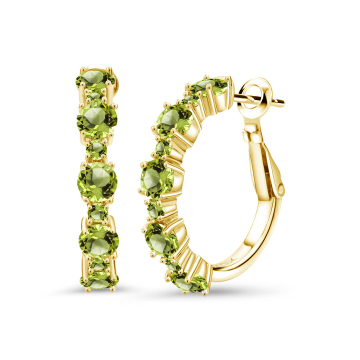 18K Yellow Gold Plated Silver Green Peridot Hoop Earrings For Women (3.40 Cttw, Round 4MM and 1.9MM, Gemstone Birthstone 1 Inch Diameter)