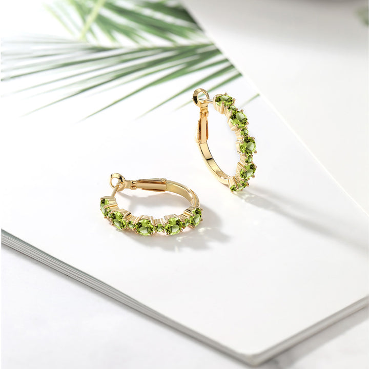 18K Yellow Gold Plated Silver Green Peridot Hoop Earrings For Women (3.40 Cttw, Round 4MM and 1.9MM, Gemstone Birthstone 1 Inch Diameter)