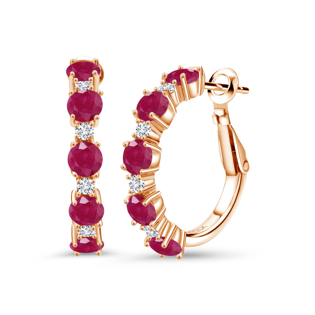 Gem Stone King 18K Rose Gold Plated Silver Gemstone Birthstone and Lab Grown Diamond Hoop Earrings for Women | Round Cut 4MM and 1.9MM Stones | 1 Inch Diameter Hoops | Fine Jewelry for Her Mom Wife Women