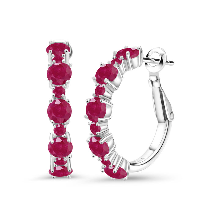 Gem Stone King 925 Sterling Silver Gemstone Birthstone Hoop Earrings for Women | Alternating Round 4MM and 1.9MM Stones | Elegant Graduated Design | Fine Jewelry Earrings | 1 Inch Diameter Hoops