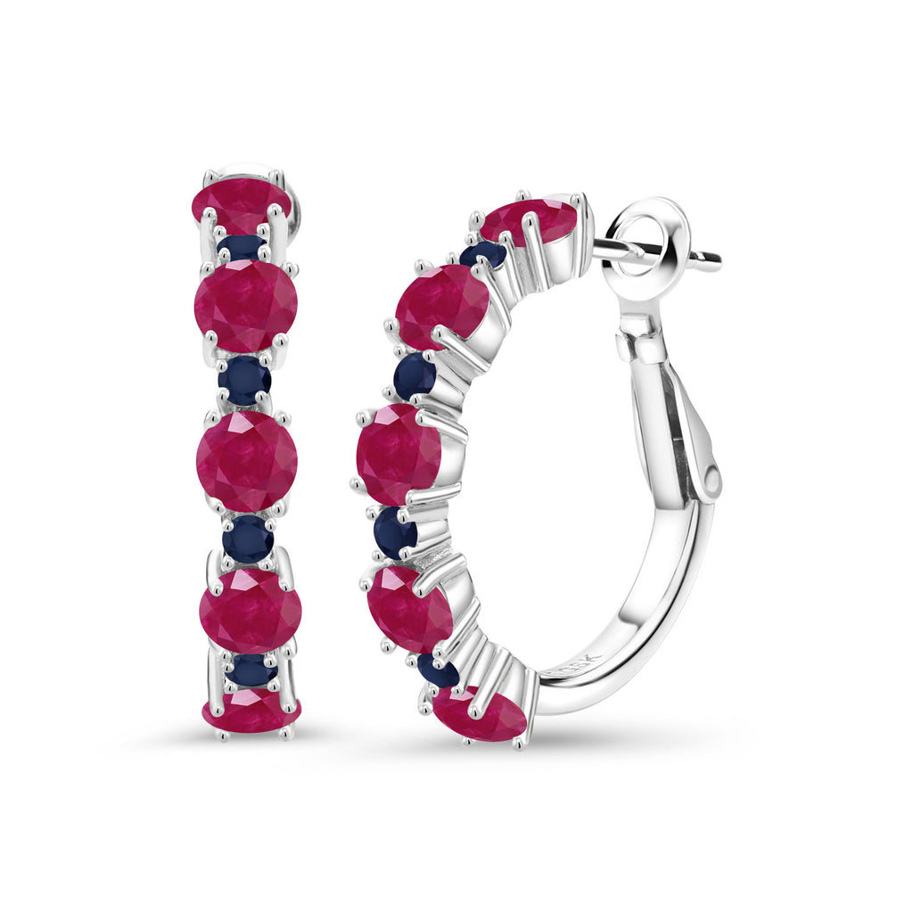 Gem Stone King 2-4 Cttw Gemstone Birthstone and Blue Sapphire Hoop Earrings for Women | 925 Sterling Silver | Round 4MM and 1.9MM | 1 Inch Diameter Hoops | Fine Jewelry for Her Mom Wife Women