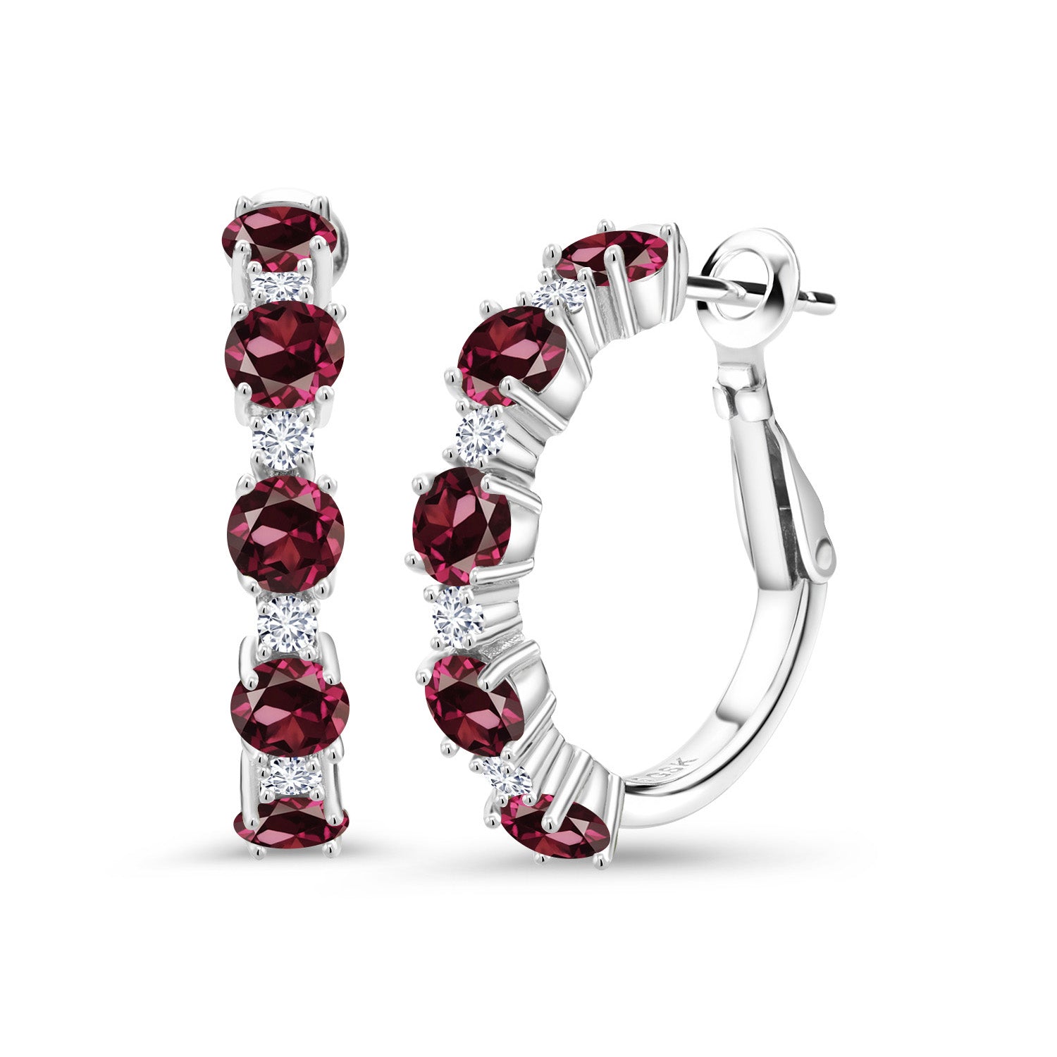 925 Sterling Silver Red Rhodolite Garnet and White Moissanite Hoop Earrings For Women (4.00 Cttw, Round 4MM and 1.9MM, Gemstone Birthstone 1 Inch Diameter)