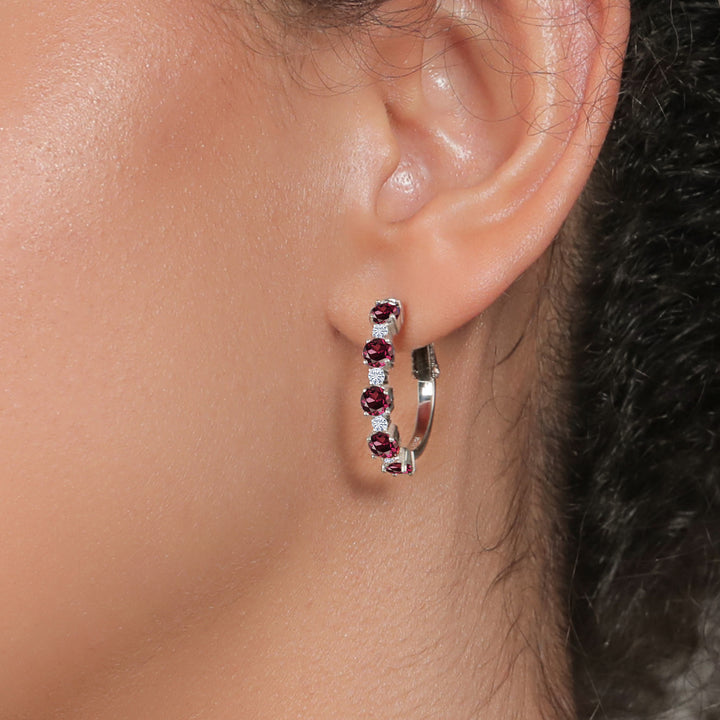 925 Sterling Silver Red Rhodolite Garnet and White Moissanite Hoop Earrings For Women (4.00 Cttw, Round 4MM and 1.9MM, Gemstone Birthstone 1 Inch Diameter)