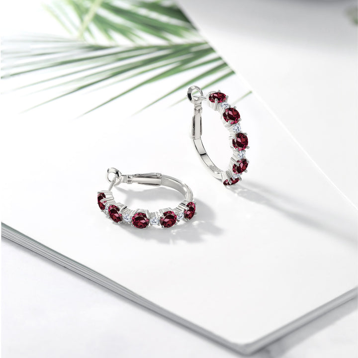 925 Sterling Silver Red Rhodolite Garnet and White Moissanite Hoop Earrings For Women (4.00 Cttw, Round 4MM and 1.9MM, Gemstone Birthstone 1 Inch Diameter)