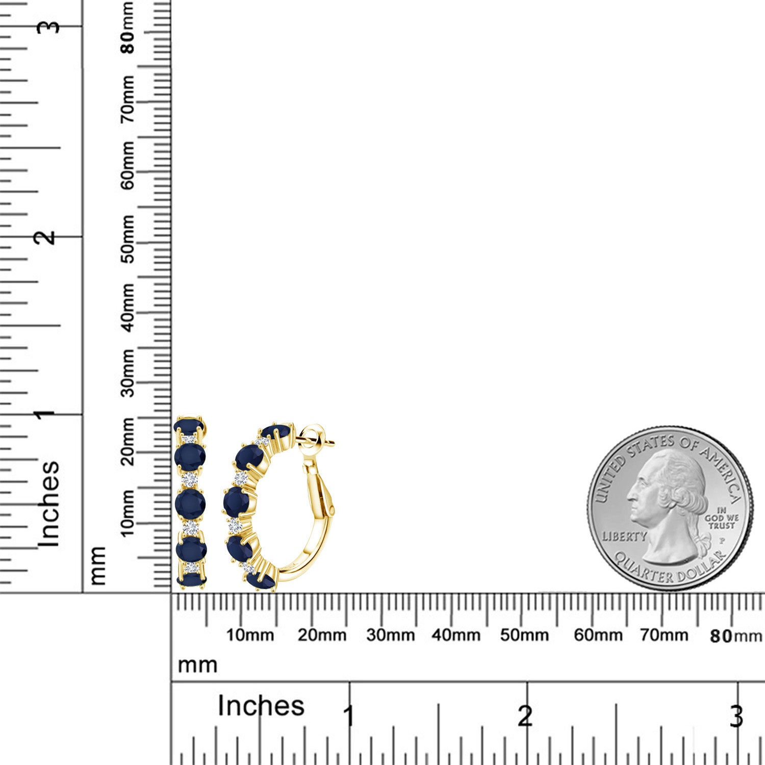 18K Yellow Gold Plated Silver Blue Sapphire and White Lab Grown Diamond Hoop Earrings For Women (3.80 Cttw, Round 4MM and 1.9MM, Gemstone Birthstone 1 Inch Diameter)