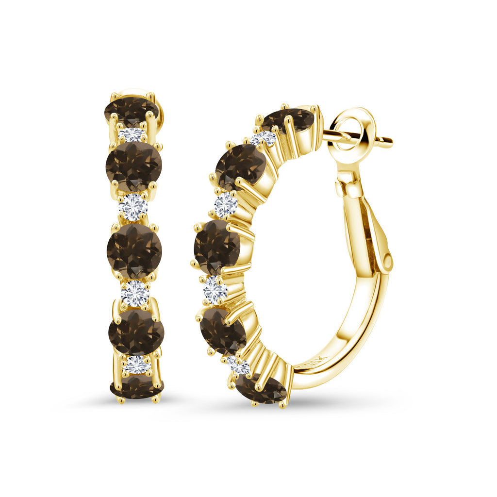 Gem Stone King 18K Yellow Gold Plated Silver Gemstone Birthstone and Lab Grown Diamond Hoop Earrings for Women | Round Cut 4MM and 1.9MM Stones | 1 Inch Diameter Hoops | Fine Jewelry for Her Mom Wife Women