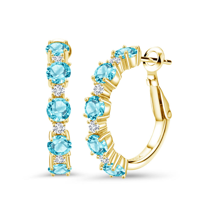 Gem Stone King 18K Yellow Gold Plated Silver Gemstone Birthstone and Lab Grown Diamond Hoop Earrings for Women | Round Cut 4MM and 1.9MM Stones | 1 Inch Diameter Hoops | Fine Jewelry for Her Mom Wife Women