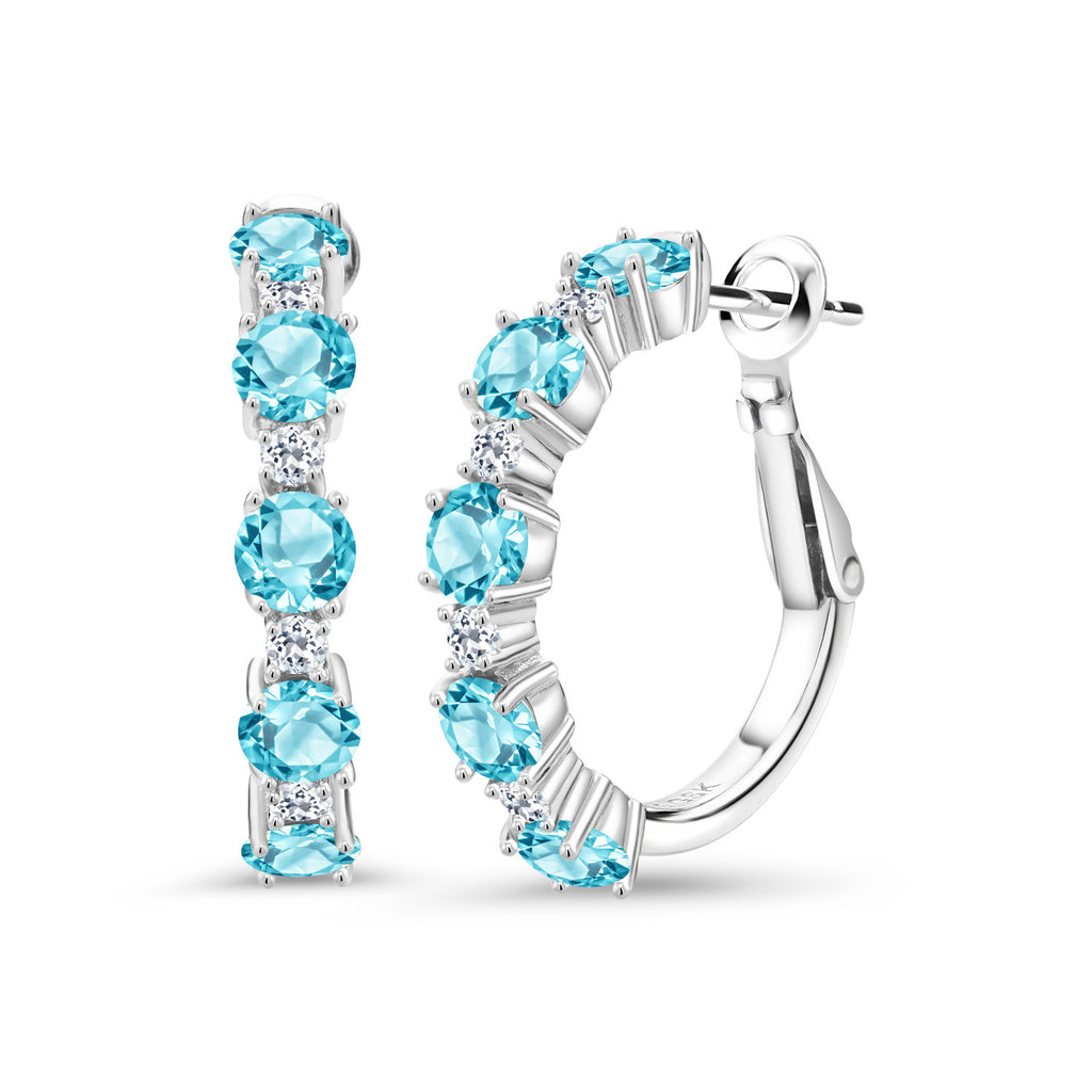 Gem Stone King Alternating Hoop Earrings for Women | 925 Sterling Silver | Gemstone Birthstone and White Topaz  | Round 4MM and 1.9MM Stones | 1 Inch Diameter Hoops | Fine Jewelry for Her Mom Wife Women