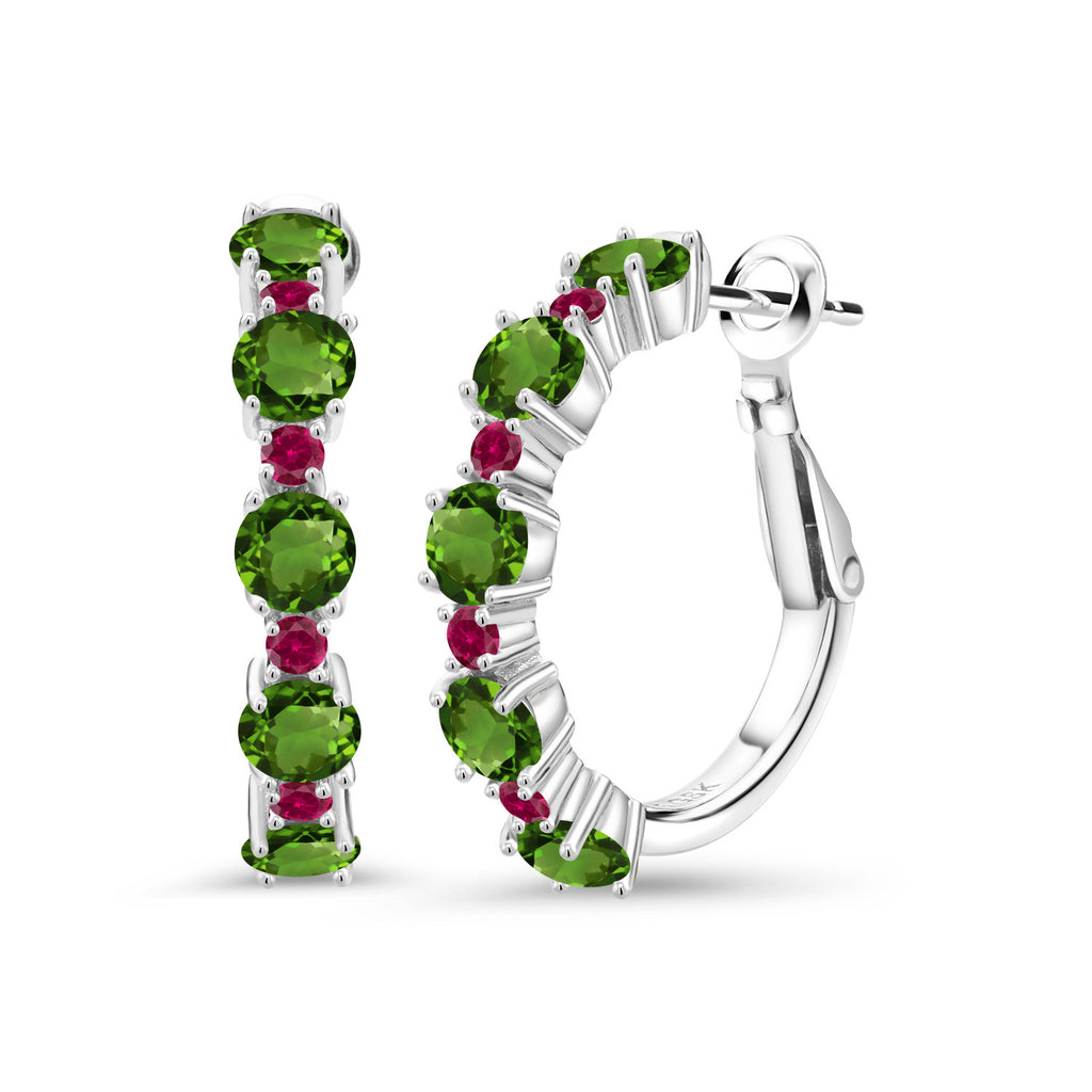 Gem Stone King 925 Sterling Silver Gemstone Birthstone and Created Ruby Hoop Earrings for Women | Round Cut 4MM and 1.9MM Stones | 1 Inch Diameter Hoops | Fine Jewelry for Her Mom Wife Women
