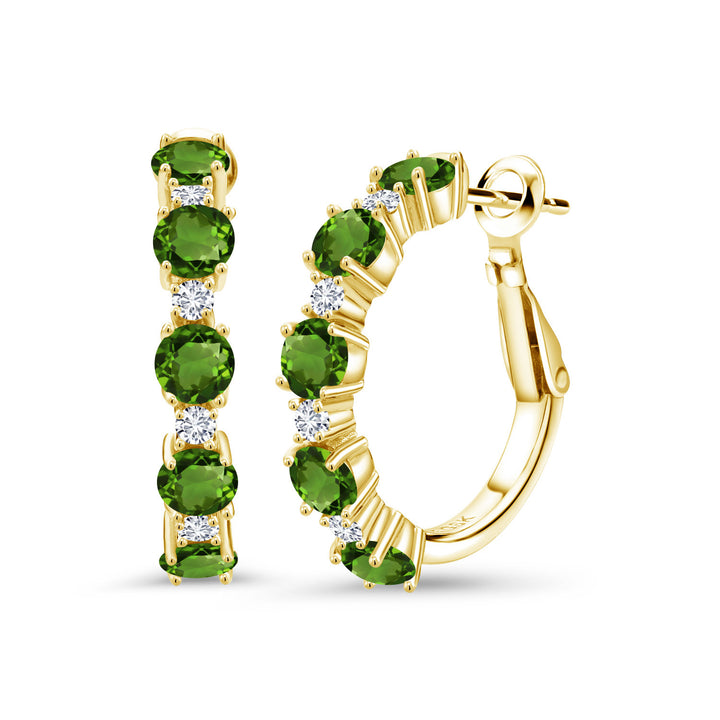 Gem Stone King 18K Yellow Gold Plated Silver Gemstone Birthstone and Lab Grown Diamond Hoop Earrings for Women | Round Cut 4MM and 1.9MM Stones | 1 Inch Diameter Hoops | Fine Jewelry for Her Mom Wife Women