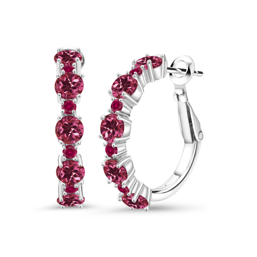 Gem Stone King 925 Sterling Silver Gemstone Birthstone and Created Ruby Hoop Earrings for Women | Round Cut 4MM and 1.9MM Stones | 1 Inch Diameter Hoops | Fine Jewelry for Her Mom Wife Women