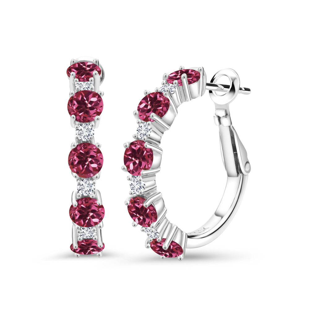 Gem Stone King 2-4 Cttw Gemstone Birthstone and Lab Grown Diamond Hoop Earrings for Women | 925 Sterling Silver | Round Cut 4MM and 1.9MM Stones | 1 Inch Diameter Hoops