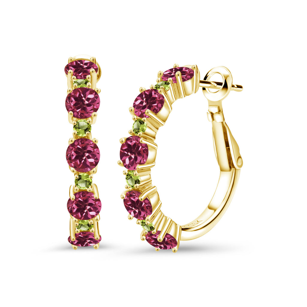 Gem Stone King 18K Yellow Gold Plated Silver Gemstone Birthstone and Peridot Hoop Earrings for Women | Round Cut 4MM and 1.9MM Stones | 1 Inch Diameter Hoops | Fine Jewelry for Her Mom Wife Women