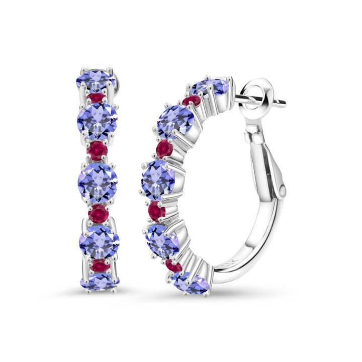 Gem Stone King 925 Sterling Silver Gemstone Birthstone and Created Ruby Hoop Earrings for Women | Round Cut 4MM and 1.9MM Stones | 1 Inch Diameter Hoops | Fine Jewelry for Her Mom Wife Women
