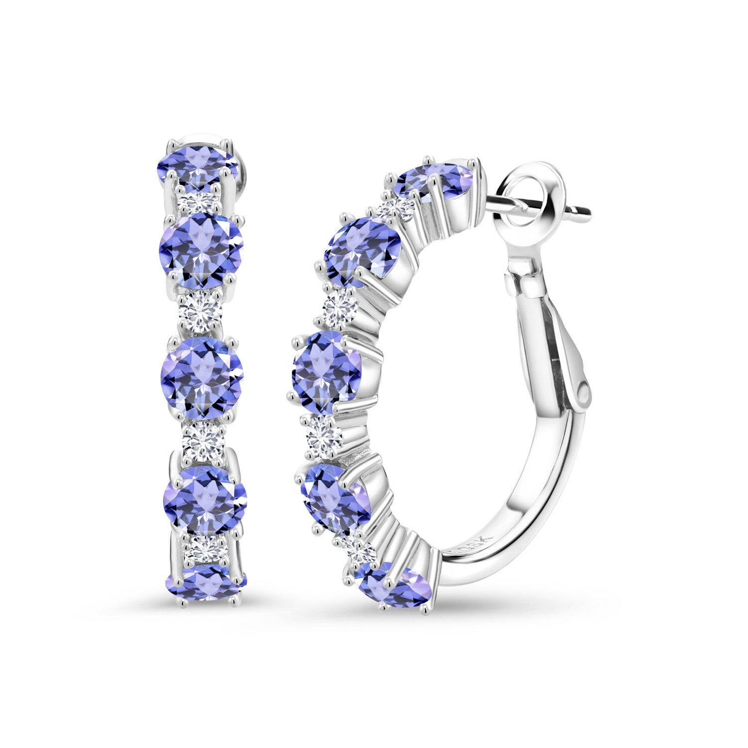 925 Sterling Silver Blue Tanzanite and White Lab Grown Diamond Hoop Earrings For Women (3.30 Cttw, Round 4MM and 1.9MM, Gemstone Birthstone 1 Inch Diameter)