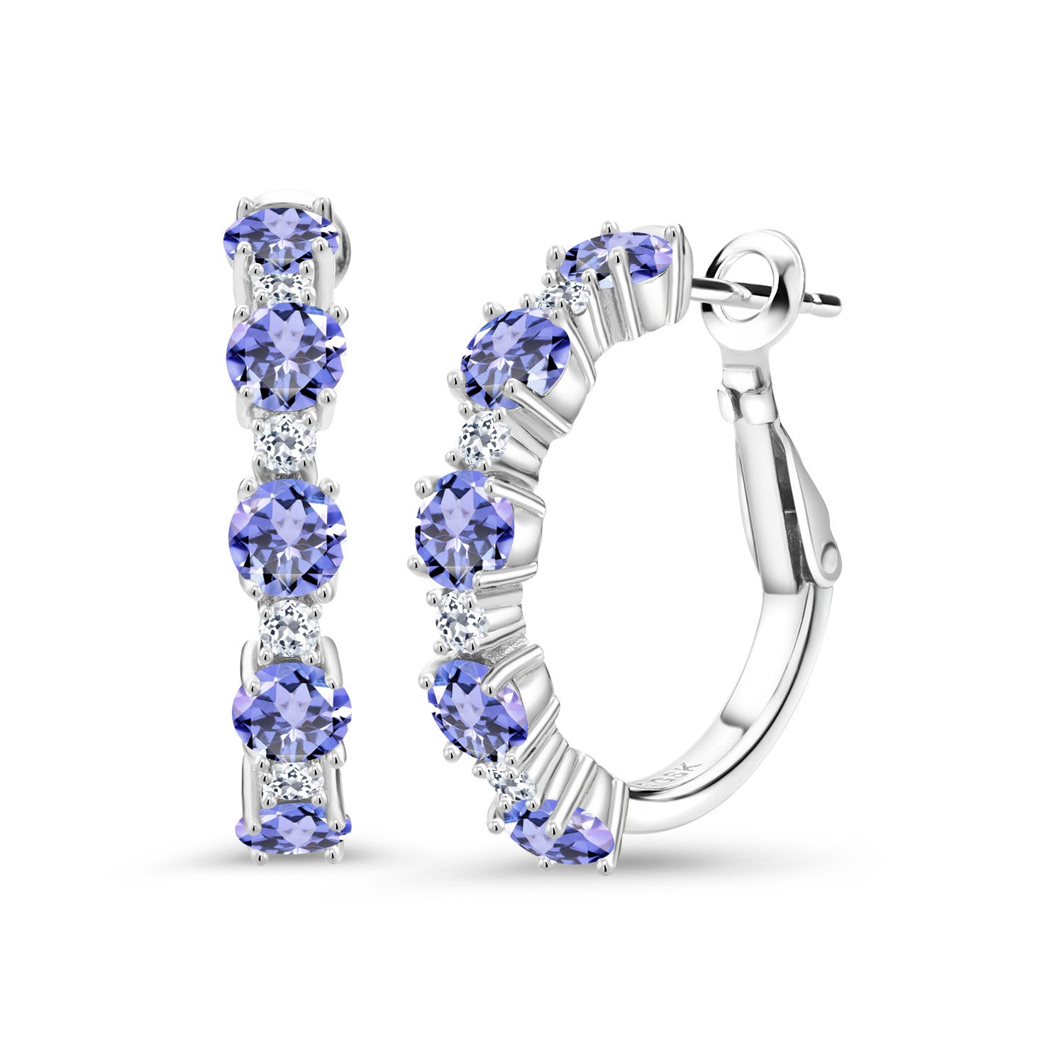 925 Sterling Silver Blue Tanzanite and White Topaz Hoop Earrings For Women (3.32 Cttw, Round 4MM and 1.9MM, Gemstone Birthstone 1 Inch Diameter)