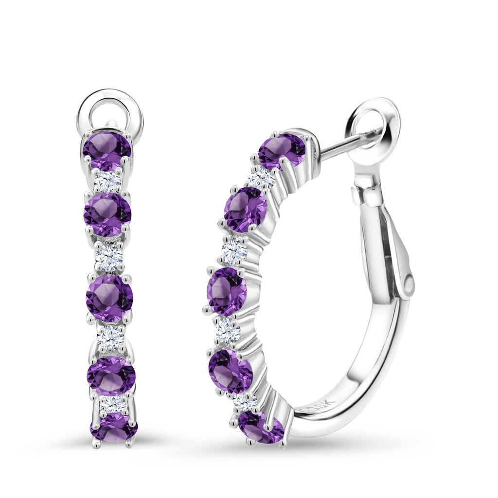 Amethyst - February_925 Sterling Silver_925 Sterling Silver Women Hoop Earrings Purple Amethyst (1.24 Cttw, Round Cut, 3/7 Inch Diameter)