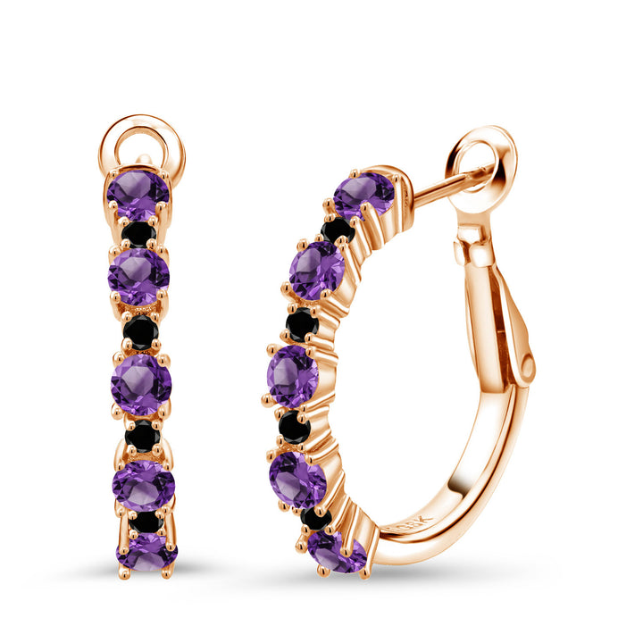 Purple and Black_925 Rose Gold Plated Silver_Gemstone Birthstone and Black Diamond Hoop Earrings for Women | 925 Sterling Silver | Round 3MM and 1.8MM | 3/7 Inch Diameter | Fine Jewelry for Her Mom Wife