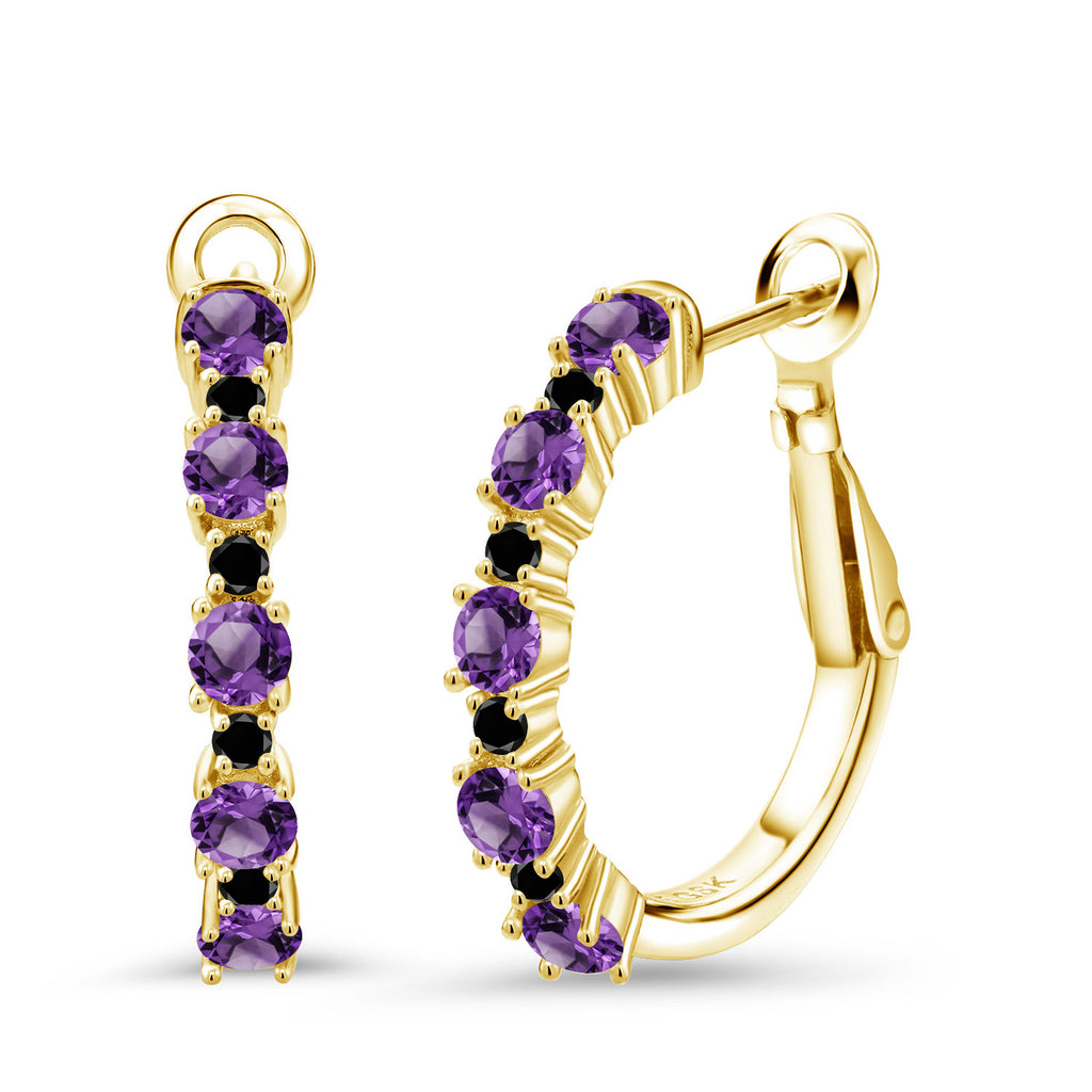 Amethyst - February_925 Yellow Gold Plated Silver_18K Yellow Gold Plated Silver Women Hoop Earrings Purple Amethyst Black Diamond (1.26 Cttw, Round Cut, 3/7 Inch Diameter)
