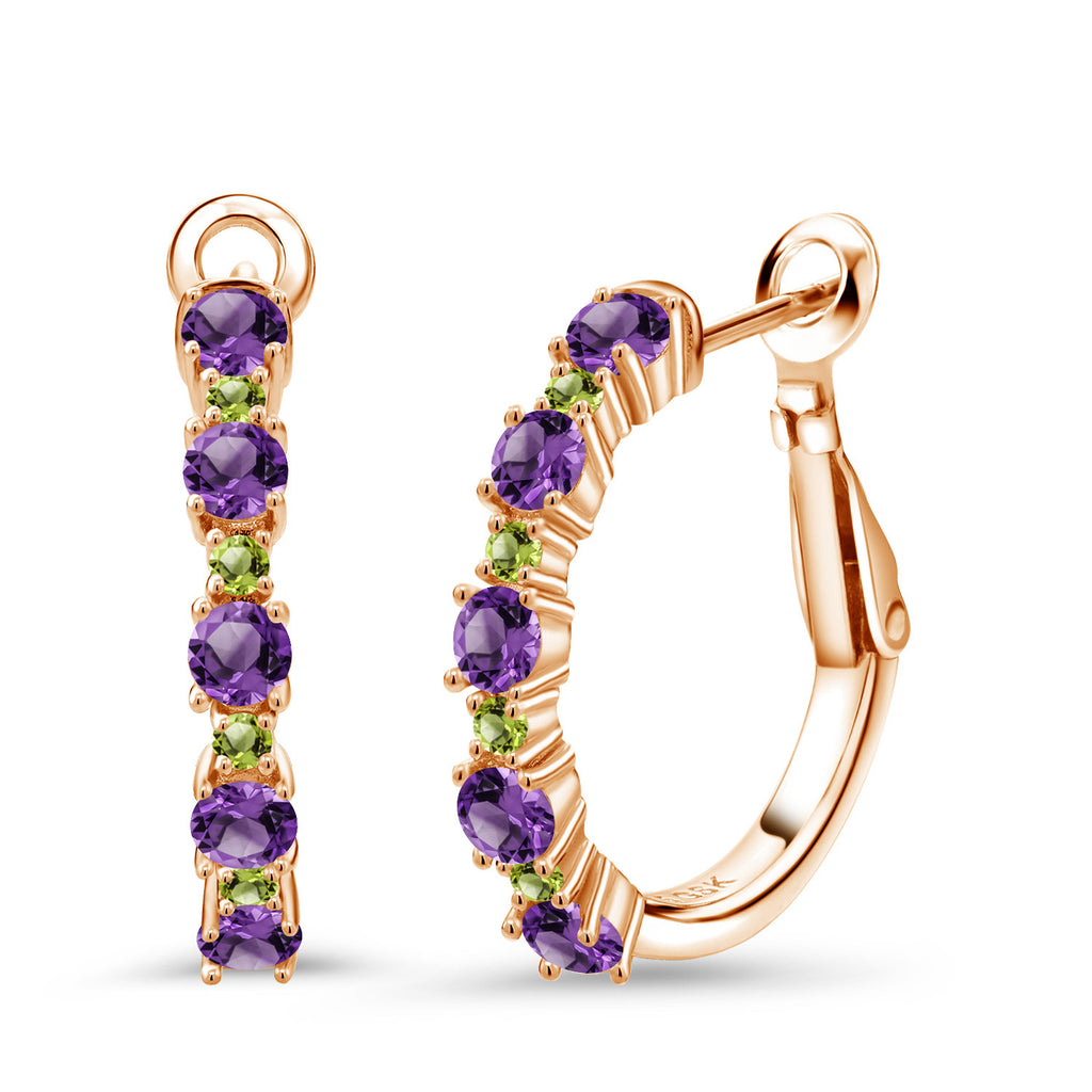 Amethyst - February_925 Rose Gold Plated Silver_18K Rose Gold Plated Silver Women Hoop Earrings Purple Amethyst Green Peridot (1.40 Cttw, Round Cut, 3/7 Inch Diameter)
