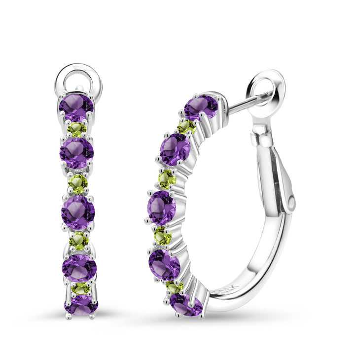 Amethyst - February_925 Sterling Silver_925 Sterling Silver Women Hoop Earrings Purple Amethyst Green Peridot (1.40 Cttw, Round Cut, 3/7 Inch Diameter)