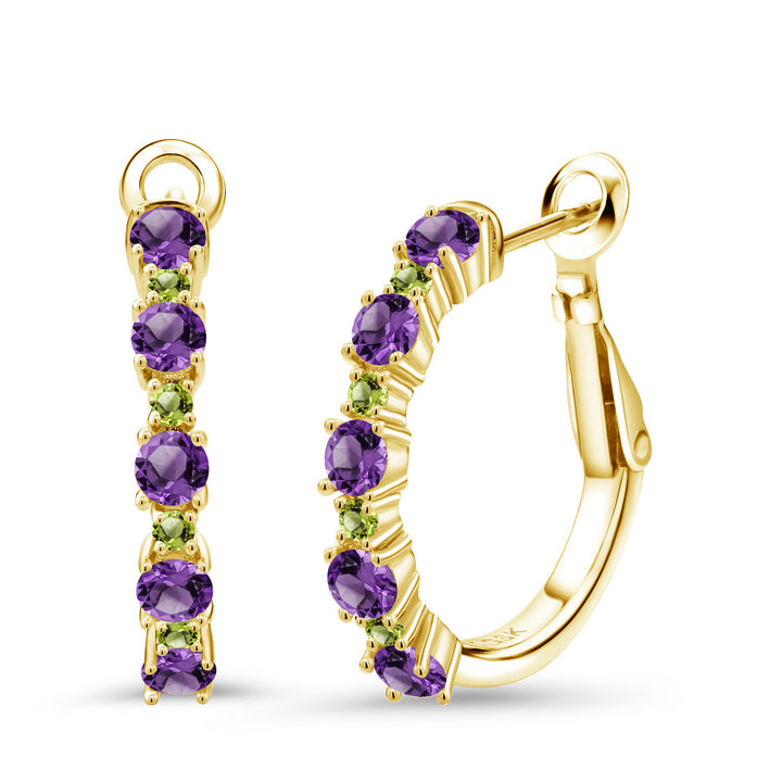 Amethyst - February_925 Yellow Gold Plated Silver_18K Yellow Gold Plated Silver Women Hoop Earrings Purple Amethyst Green Peridot (1.40 Cttw, Round Cut, 3/7 Inch Diameter)