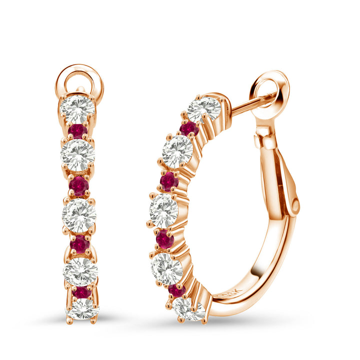 White Moissanite - April_925 Rose Gold Plated Silver_18K Rose Gold Plated Silver Women Hoop Earrings Forever Classic Moissanite by Charles & Colvard and Created Ruby (1.40 Cttw, Round Cut, 3/7 Inch Diameter)