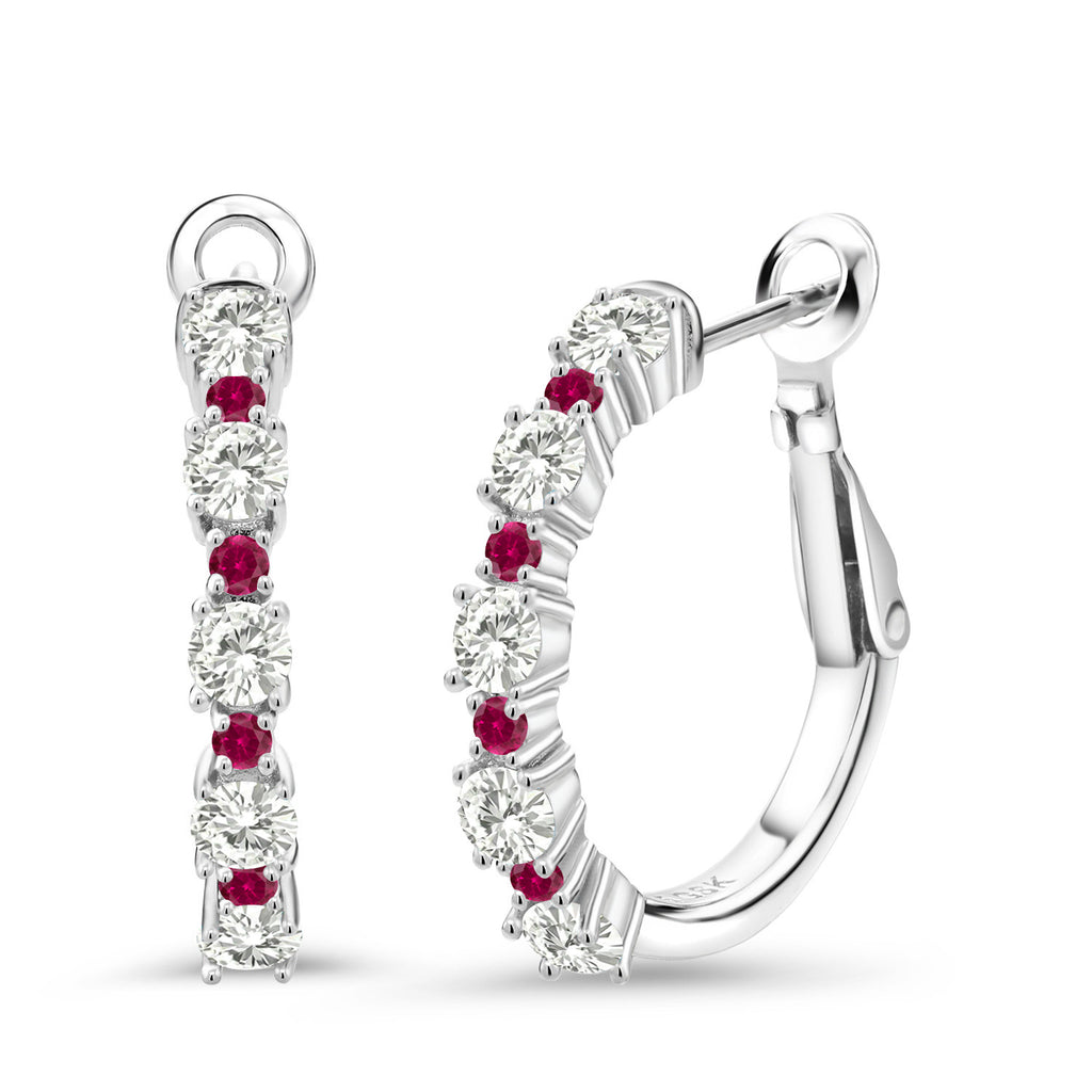White Moissanite - April_925 Sterling Silver_925 Sterling Silver Women Hoop Earrings Forever Classic Moissanite by Charles & Colvard and Created Ruby (1.40 Cttw, Round Cut, 3/7 Inch Diameter)