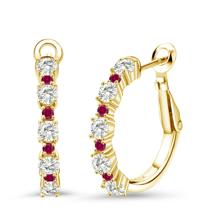 White Moissanite - April_925 Yellow Gold Plated Silver_18K Yellow Gold Plated Silver Women Hoop Earrings Forever Classic Moissanite by Charles & Colvard and Created Ruby (1.40 Cttw, Round Cut, 3/7 Inch Diameter)