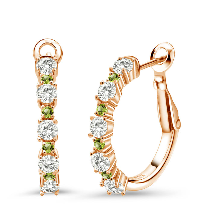 White Moissanite - April_925 Rose Gold Plated Silver_18K Rose Gold Plated Silver Women Hoop Earrings Forever Classic Moissanite by Charles & Colvard and Peridot (1.40 Cttw, Round Cut, 3/7 Inch Diameter)