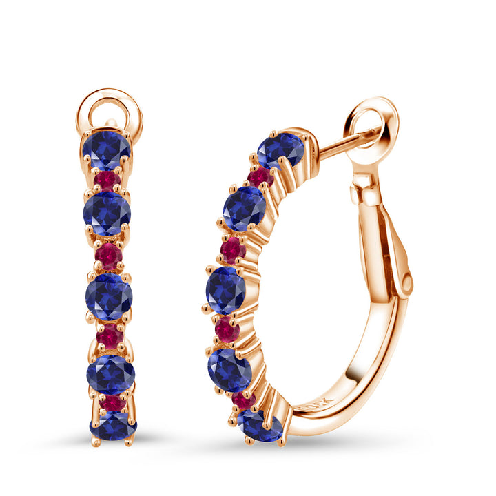 Blue Created Sapphire - September_925 Rose Gold Plated Silver_18K Rose Gold Plated Silver Women Hoop Earrings Blue Created Sapphire Red Created Ruby (5.60 Cttw, Round Cut, 3/7 Inch Diameter)