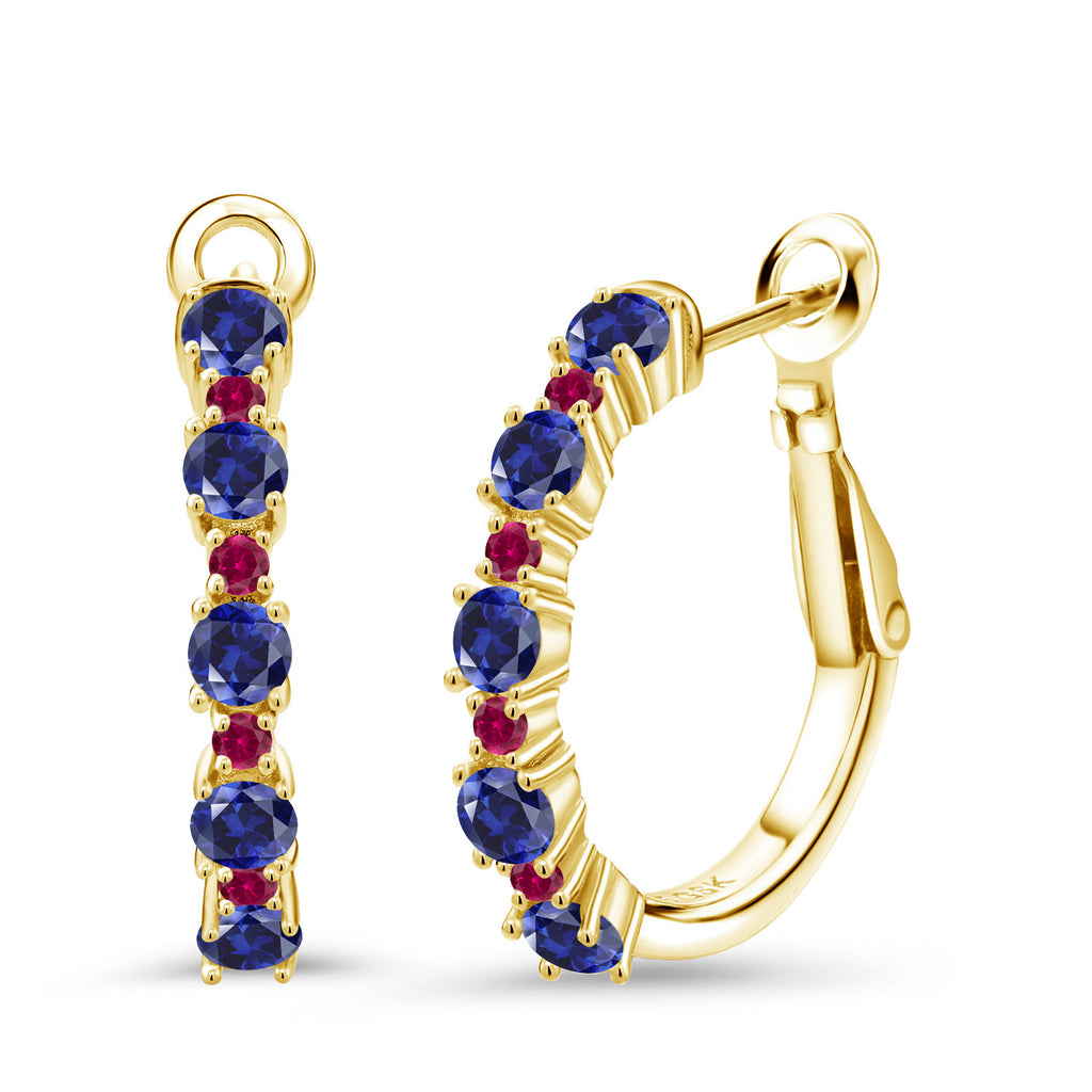 Blue Created Sapphire - September_925 Yellow Gold Plated Silver_18K Yellow Gold Plated Silver Women Hoop Earrings Blue Created Sapphire Red Created Ruby (5.60 Cttw, Round Cut, 3/7 Inch Diameter)