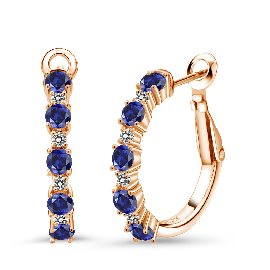 Blue Created Sapphire - September_925 Rose Gold Plated Silver_18K Rose Gold Plated Silver Women Hoop Earrings Blue Created Sapphire White Diamond (5.46 Cttw, Round Cut, 3/7 Inch Diameter)