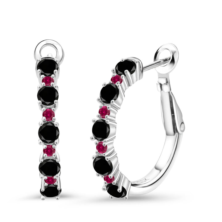 Black Diamond - April_925 Sterling Silver_925 Sterling Silver Women Hoop Earrings Black Diamond Red Created Ruby (1.40 Cttw, Round Cut, 3/7 Inch Diameter)