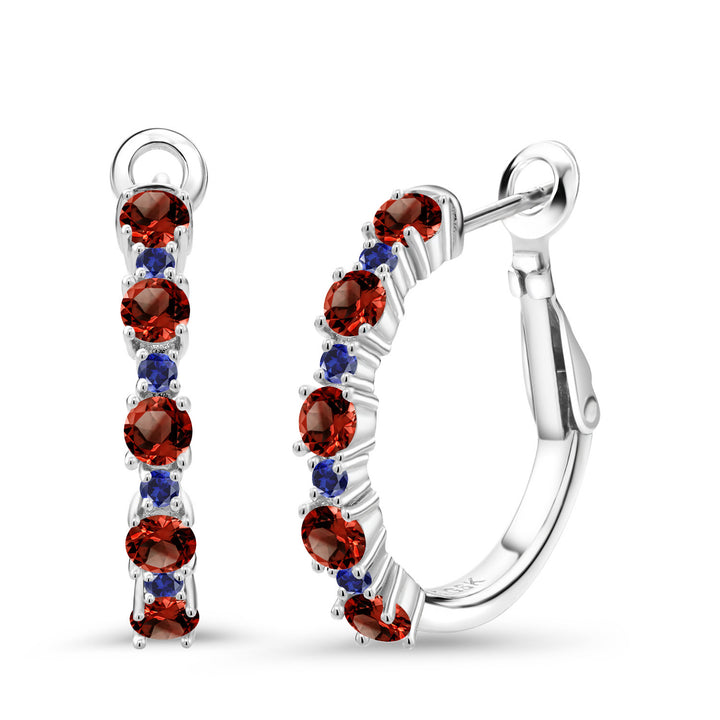 Garnet - January_925 Sterling Silver_925 Sterling Silver Women Hoop Earrings Red Garnet Blue Created Sapphire (1.86 Cttw, Round Cut, 3/7 Inch Diameter)