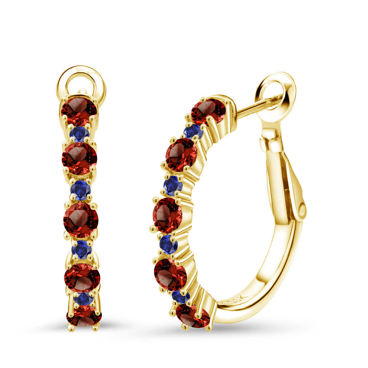 Garnet - January_925 Yellow Gold Plated Silver_18K Yellow Gold Plated Silver Women Hoop Earrings Red Garnet Blue Created Sapphire (1.86 Cttw, Round Cut, 3/7 Inch Diameter)