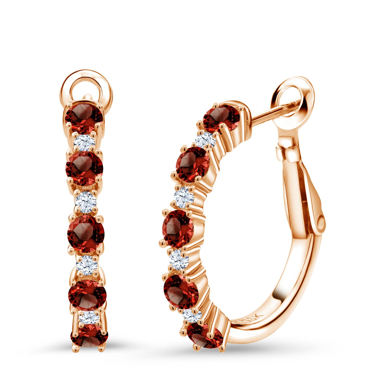 18K Rose Gold Plated Silver Red Garnet and White Created Sapphire Hoop Earrings For Women (1.82 Cttw, Gemstone Birthstone, 3/7 Inch Diameter)