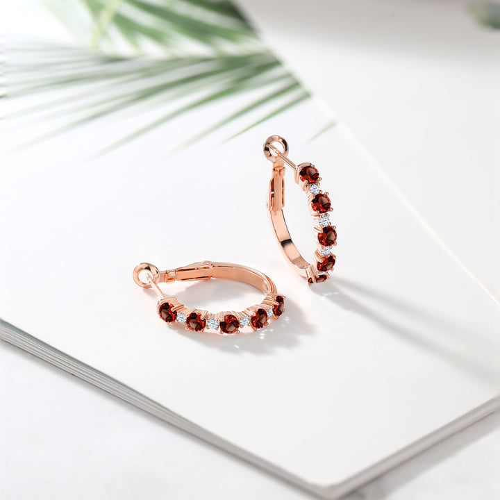 18K Rose Gold Plated Silver Red Garnet and White Created Sapphire Hoop Earrings For Women (1.82 Cttw, Gemstone Birthstone, 3/7 Inch Diameter)