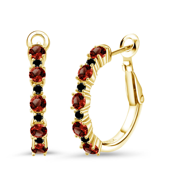 Garnet - January_925 Yellow Gold Plated Silver_18K Yellow Gold Plated Silver Women Hoop Earrings Red Garnet Black Diamond (1.76 Cttw, Round Cut, 3/7 Inch Diameter)